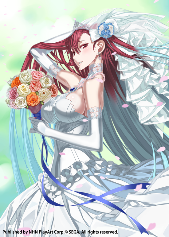 00s 10s 1girl bare_shoulders bouquet breasts bridal_veil cowboy_shot dress elbow_gloves female_focus flower gloves honjou_raita jewelry large_breasts long_hair looking_at_viewer multicolored_hair necklace official_art pearl_necklace red_eyes red_hair riela_marcellis senjou_no_valkyria senjou_no_valkyria_(series) senjou_no_valkyria_3 sideboob silver_hair smile solo tiara veil very_long_hair watermark wedding_dress