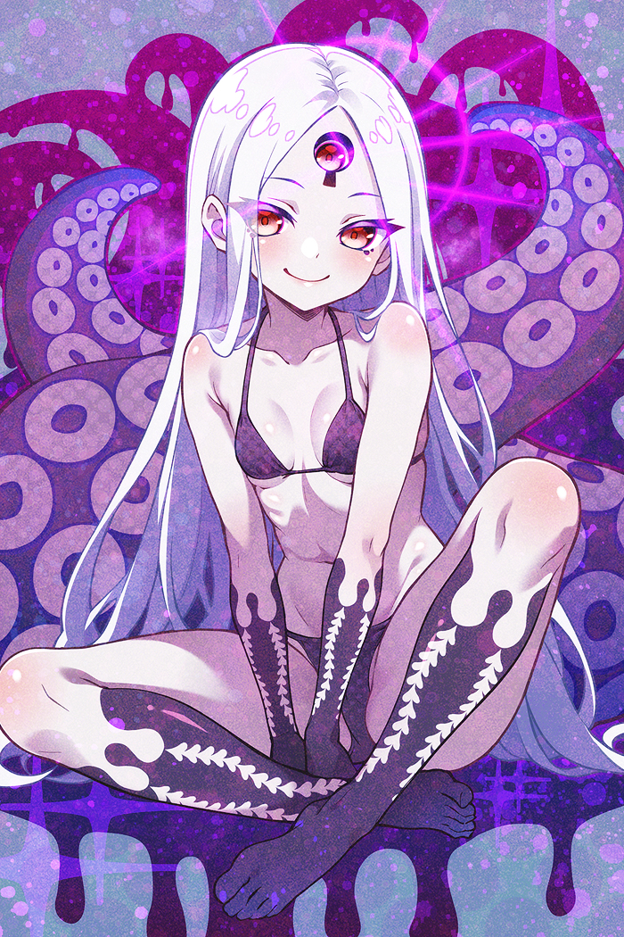 1girl abigail_williams_(fate) alternate_breast_size alternate_costume bare_shoulders barefoot bikini black_bikini breasts collarbone commentary_request corruption crossed_legs eldritch_abomination extra_eyes fate/grand_order fate_(series) gradient_background hanagata_kai long_hair possessed possession red_eyes sitting small_breasts smile solo sparkle_background swimsuit tentacles white_hair yog-sothoth