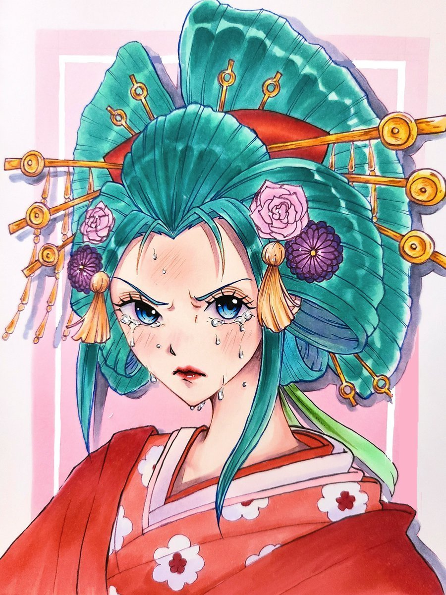 1girl aqua_hair blush closed_mouth crying crying_with_eyes_open datehyogo floral_print floral_print_kimono flower frown green_hair hair_flower hair_ornament hair_stick highres japanese_clothes kimono kouzuki_hiyori lipstick looking_at_viewer makeup nihongami oiran one_piece pointy_chin print_kimono red_kimono red_lips sa_nctzen solo tassel teardrop tears v-shaped_eyebrows