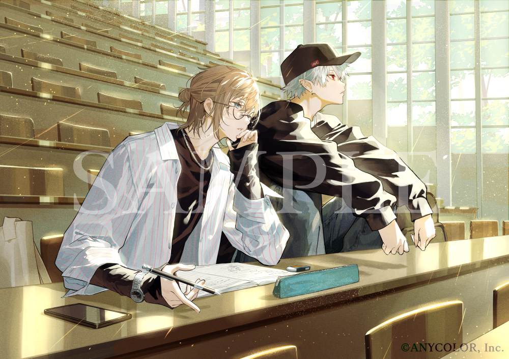 2boys alternate_costume baseball_cap black_hat black_shirt blue_eyes book brown_hair cellphone classroom closed_mouth collared_jacket concentrating copyright_notice denim ear_piercing eraser feet_out_of_frame hair_between_eyes hair_bun half_updo hand_on_own_chin hat holding holding_pencil jacket jeans jewelry kanae_(nijisanji) kuzuha_(nijisanji) lecture long_sleeves looking_ahead male_focus multiple_boys necklace nijisanji notebook official_art open_book open_clothes open_jacket pants parted_lips pencil pencil_case phone piercing pinstripe_jacket pinstripe_pattern pointy_ears profile red_eyes round_eyewear sample_watermark shirt short_hair single_hair_bun sleeves_past_wrists smartphone squatting ugonba_(howatoro) upper_body virtual_youtuber watch watermark white_hair white_jacket window wristwatch