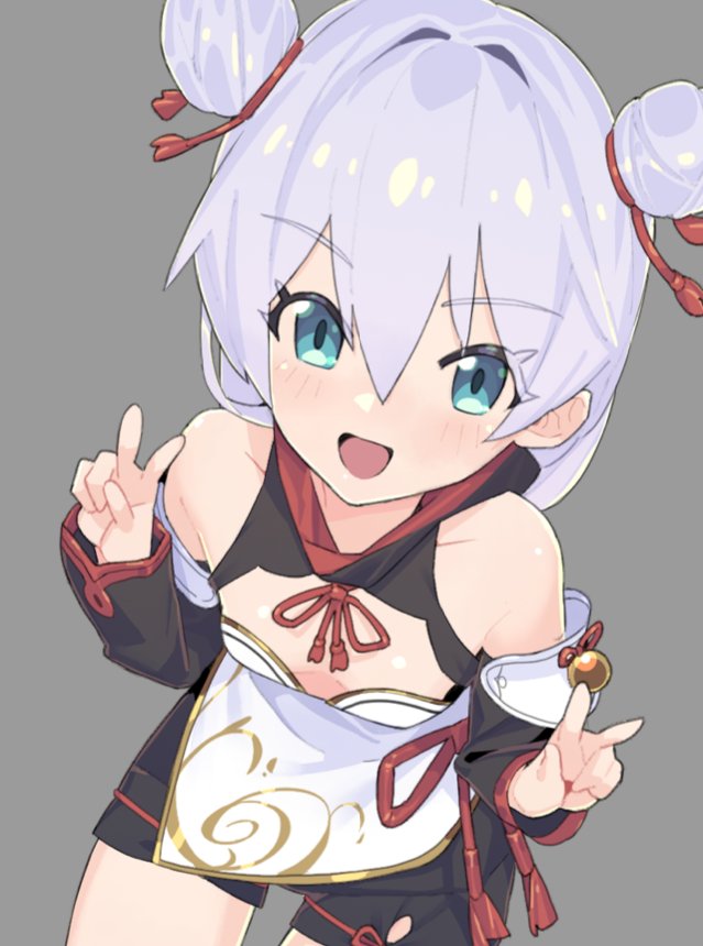 1girl :d bare_shoulders black_sleeves blue_eyes breasts chinese_clothes cleavage_cutout clothing_cutout detached_sleeves double_bun double_v grey_background hair_bun honkai_(series) honkai_impact_3rd looking_at_viewer matsushita_yuubin open_mouth simple_background small_breasts smile solo theresa_apocalypse theresa_apocalypse_(sugar_haw_child) theresa_apocalypse_(valkyrie_pledge) v white_hair