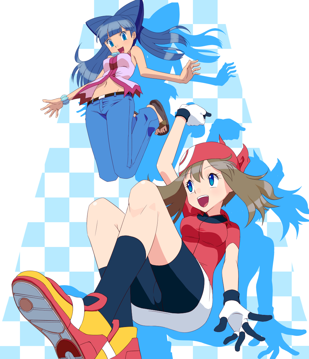 00s 2girls bike_shorts blue_hair brown_hair image_sample lizabeth_(pokemon) majin_(marcia) may_(pokemon) multiple_girls nintendo pixiv_sample pokemon pokemon_(anime) pokemon_ranger_and_the_temple_of_the_sea pokemon_rse pokemon_rse_(anime)
