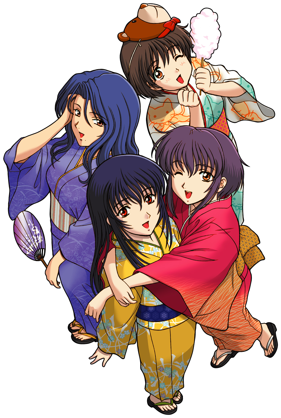 3girls adjusting_hair amano_satoko animal_print bear_mask black_hair black_outline black_sandals blue_kimono blue_sash blue_sleeves blush bow bowtie breasts brown_hair brown_mask cat_print clenched_hands cotton_candy eyelashes floral_print floral_print_kimono floral_print_sleeves food from_above full_body full_on_games hair_intakes hand_fan highres holding holding_cotton_candy holding_fan holding_food holding_stick hug_from_side itsuki_shiori japanese_clothes kimono kishiue_daisaku kuon_no_kizuna long_hair long_sidelocks long_sleeves mask mask_on_head mature_female medium_breasts mole mole_under_mouth multicolored_kimono multicolored_sash multicolored_sleeves multiple_girls non-web_source obi official_art one_eye_closed open_mouth orange_eyes outline paper_fan parted_bangs print_kimono print_sash print_sleeves red_bow red_bowtie red_eyes red_kimono red_sleeves sandals sash short_hair sidelocks stick straight_hair striped_clothes striped_kimono striped_sleeves summer_festival takahara_mayou teeth toes tokiwa_saya tongue tsurime uchiwa upper_teeth_only vertical-striped_sash wavy_hair wavy_sidelocks white_background wide_sleeves wispy_bangs xuse yellow_eyes yellow_kimono yellow_sash yellow_sleeves zebra_print zouri