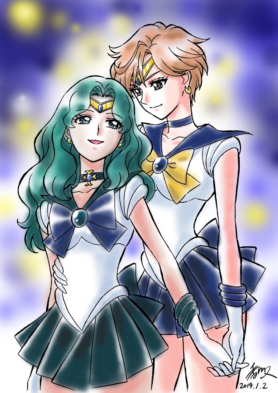 2019 2girls :d aqua_hair aqua_skirt bare_legs bishoujo_senshi_sailor_moon blue_bow blue_eyes blue_skirt bow choker circlet closed_mouth collarbone couple dated earrings female_focus gloves hand_on_another&#039;s_stomach happy highres holding_hands interlocked_fingers jewelry kagawa_hisashi kaiou_michiru legs light_brown_hair long_hair looking_at_another looking_back magical_girl multiple_girls neck necklace open_mouth pleated_skirt sailor_neptune sailor_uranus school_uniform serafuku short_hair signature skirt smile standing ten&#039;ou_haruka white_gloves yellow_bow yuri
