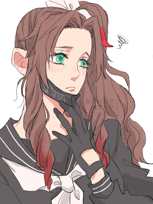 1girl aerith_gainsborough aerith_gainsborough_(midgard_seventh_high_school) black_gloves black_sailor_collar black_serafuku blush brown_hair closed_mouth commentary_request drill_hair drill_sidelocks ear_blush final_fantasy final_fantasy_vii final_fantasy_vii_ever_crisis gloves green_eyes hair_ribbon high_ponytail litter7th long_hair mask mask_pull mouth_mask neckerchief parted_lips ponytail ribbon sailor_collar school_uniform serafuku sidelocks solo squiggle white_background white_neckerchief