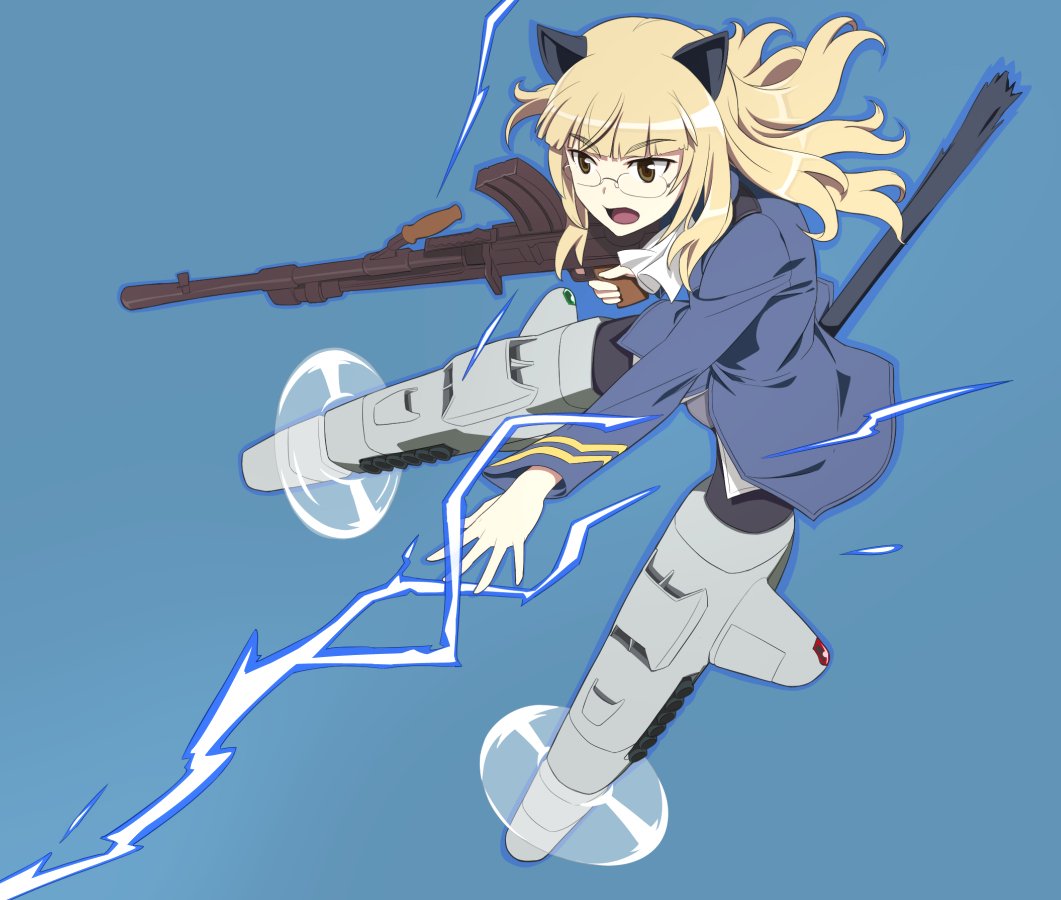 1girl animal_ears blonde_hair electricity glasses gun long_hair military_uniform nanashino open_mouth perrine_h._clostermann strike_witches striker_unit tail weapon world_witches_series