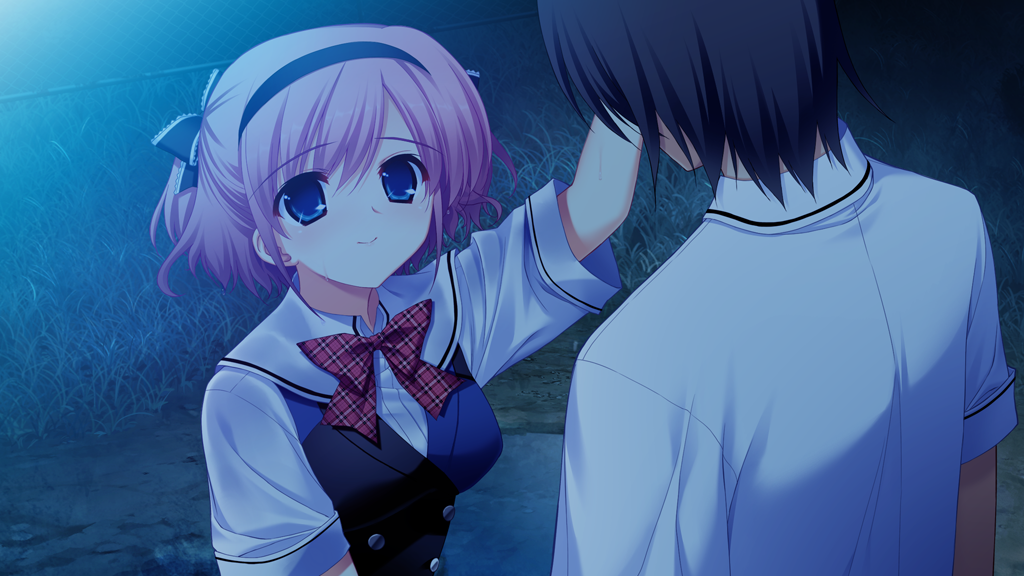 1boy 1girl black_bow black_dress black_hair black_hairband blue_dress blue_eyes bow bowtie breasts buttons chain-link_fence closed_mouth double-breasted dress fence frilled_bow frills fumio_(ura_fmo) game_cg grass grisaia_(series) grisaia_no_kajitsu hair_bow hairband headpat kazami_yuuji komine_sachi looking_at_another medium_breasts night non-web_source outdoors pink_hair plaid_bow plaid_bowtie plaid_clothes red_bow red_bowtie sailor_collar shirt short_hair smile standing swept_bangs tears two-tone_dress two_side_up upper_body variant_set white_sailor_collar white_shirt