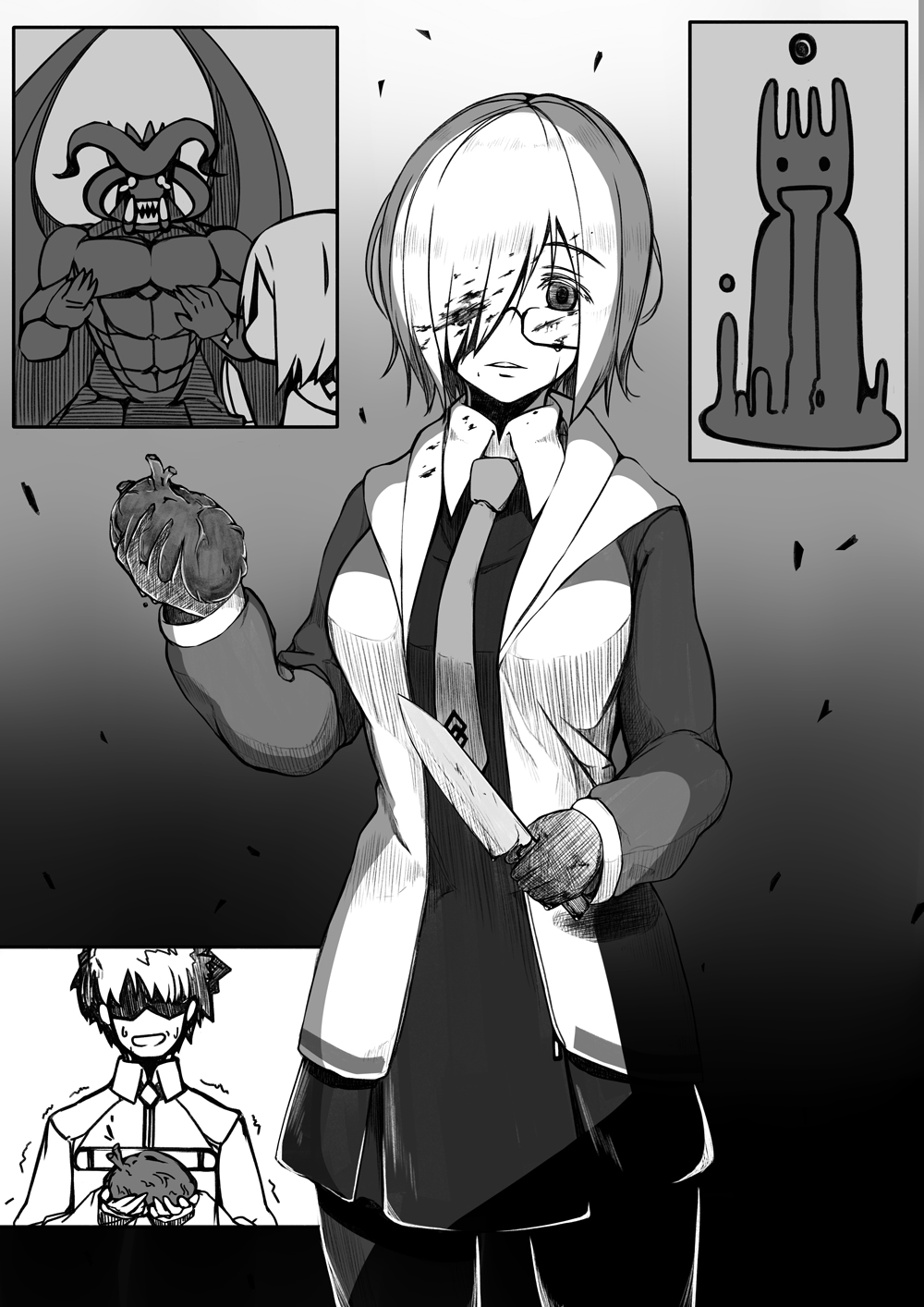 1boy 1girl blood blood_on_face commentary_request demon empty_eyes fate/grand_order fate_(series) fujimaru_ritsuka_(male) glasses gradient_background grail-kun greyscale hair_over_one_eye heart_(organ) hidden_eyes highres holding_heart_(organ) hood hoodie idoke_kaeru knife mash_kyrielight monochrome necktie nervous_smile open_mouth pantyhose parted_lips shaking smile tears yandere