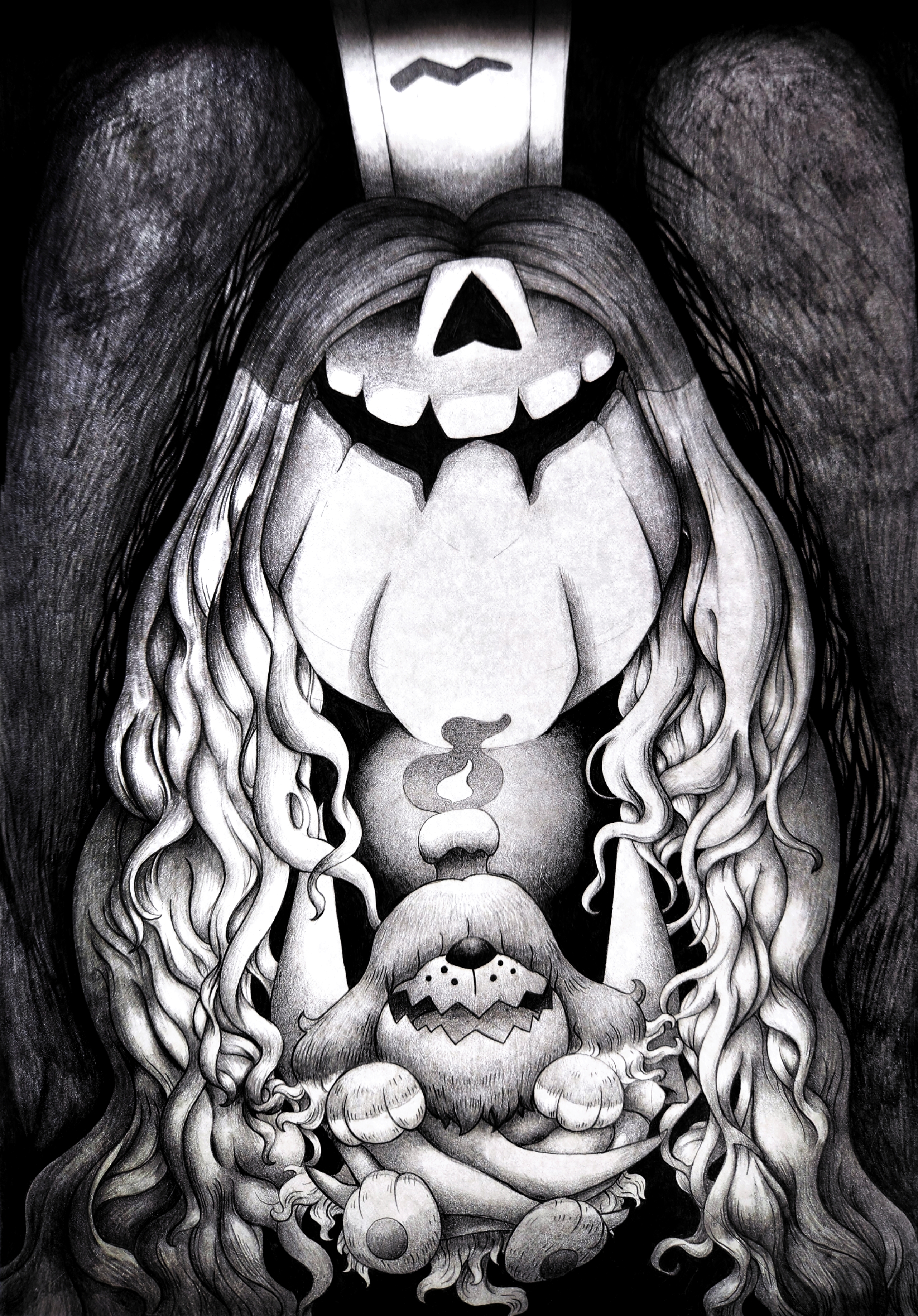 2others absurdres bake_monochrome candle claws dog evolutionary_line greavard greyscale highres holding holding_pokemon houndstone lying mechanical_pencil monochrome multiple_others nintendo on_stomach pencil pokemon pokemon_(creature) shaded_face simple_background tombstone traditional_media