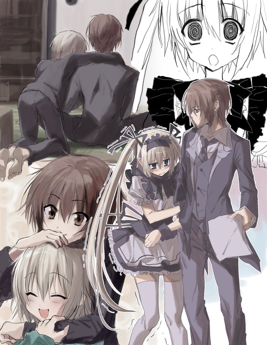 2boys barefoot blue_eyes brown_hair closed_eyes closed_mouth crossdressing highres hug kasukasugom1 kusanagi_naoya looking_at_another maid multiple_boys natsume_kei natsume_kei_(sakura_no_uta) open_mouth sakura_no_uta school_uniform surprised white_hair