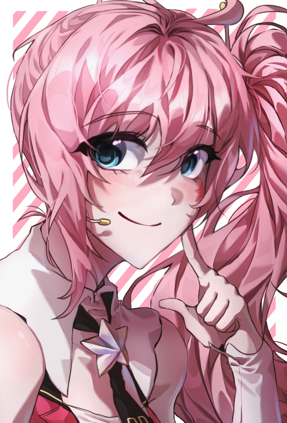 1girl ahoge black_necktie blue_eyes closed_mouth collared_shirt commentary_request compression_sleeve diagonal-striped_background hair_between_eyes hand_on_own_face highres index_finger_raised korean_commentary long_bangs long_hair looking_at_viewer necktie parted_bangs pink_background pink_hair shirt side_ponytail sleeveless sleeveless_shirt smile solo star_ornament striped_background uni_(vocaloid) upper_body vocaloid white_background white_sleeves yang0602222