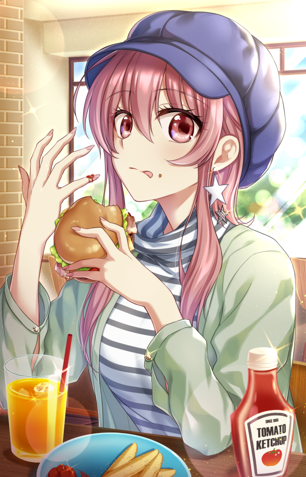 1girl :q blue_headwear burger drinking_straw earrings female_focus food glass green_jacket hair_between_eyes holding holding_food indoors jacket jewelry ketchup ketchup_bottle lens_flare long_hair long_sleeves looking_at_viewer meigo_arisa nina_(pastime) open_clothes open_jacket pink_hair red_eyes shirt sitting solo star_(symbol) star_earrings striped_clothes striped_shirt toaru_majutsu_no_index toaru_majutsu_no_index:_endymion_no_kiseki tongue tongue_out turtleneck upper_body