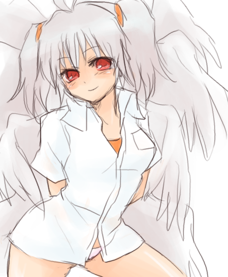 1girl angel angel_wings arms_behind_back blush female_focus genderswap genderswap_(mtf) grey_hair ichiru legs mita_(matsuri68) nagisa_kaworu neon_genesis_evangelion panties red_eyes shirt smile solo tabris-xx twintails underwear wings