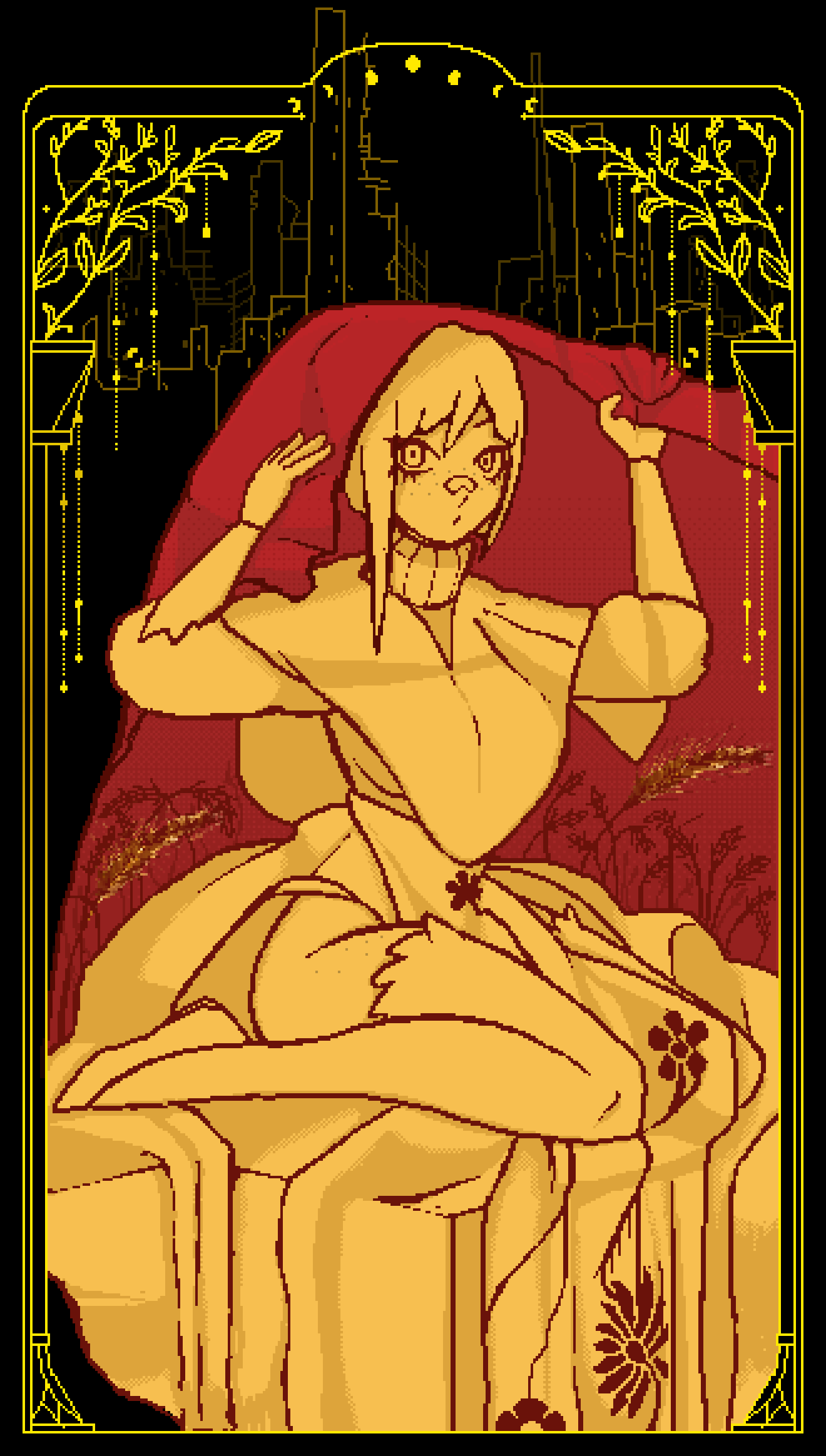 1girl :o arms_up asymmetrical_hair bandaid bandaid_on_face bandaid_on_nose black_background blanket border breasts commentary dithering english_commentary floral_print floral_print_skirt freckles full_body highres holding holding_blanket inset_border kasia_(peripeteia) layered_clothes lifting_covers long_sleeves looking_at_viewer medium_breasts medium_hair neronapalm no_panties ornate_border parted_lips pelvic_curtain peripeteia pixel_art print_skirt puffy_long_sleeves puffy_sleeves ruins shawl shoes side_slit sideboob single_sidelock sitting skirt solo spot_color thighhighs turtleneck under_covers wariza wedge_heels wheat yellow_border yellow_theme zettai_ryouiki