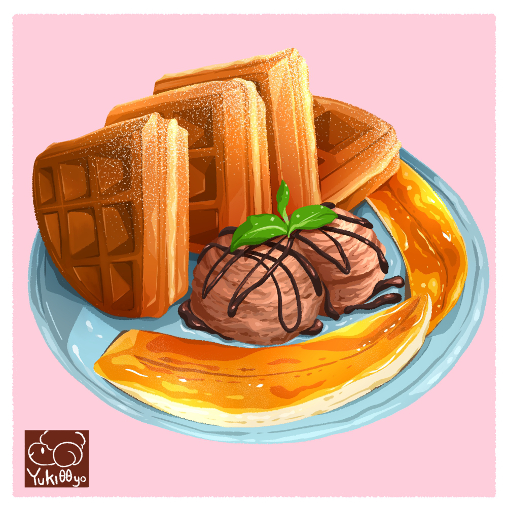 artist_logo artist_name chocolate_syrup food food_focus ice_cream logo no_humans original pink_background plate granulated_sugar syrup waffle yuki00yo