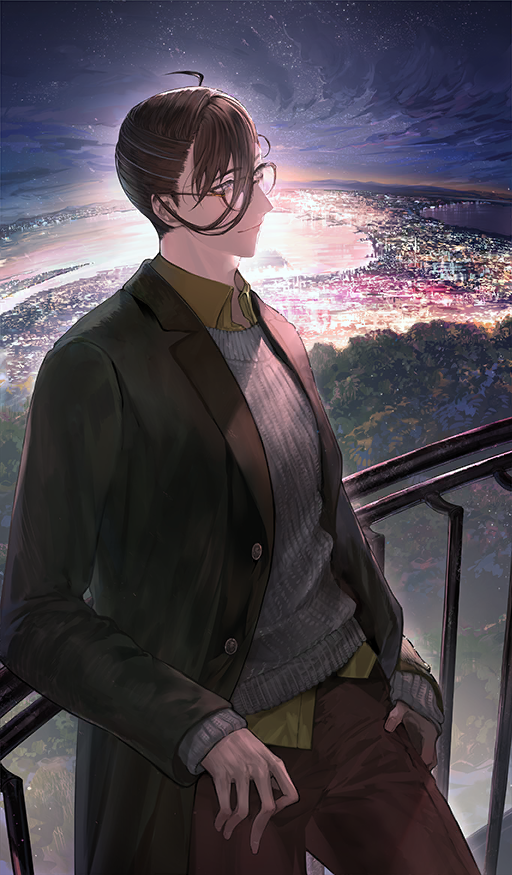 1boy against_railing ahoge black-framed_eyewear black_coat brown_hair brown_pants brown_shirt buttons city_lights coat collared_shirt commentary_request cowboy_shot fate/grand_order fate_(series) fisheye glasses grey_eyes grey_sweater gudaguda_chou_goryoukaku horizon lapels leaning_back long_sleeves looking_to_the_side male_focus night night_sky notched_lapels official_alternate_costume official_art open_clothes open_coat outdoors pants railing semi-circular_eyewear shirt short_hair sky sleeves_past_wrists solo suzuhi_(fullprayer) sweater third-party_source wing_collar yamanami_keisuke_(fate)