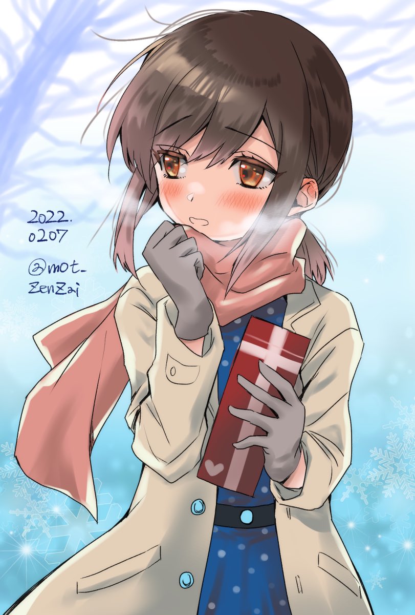 1girl beige_coat blue_dress blush box breath brown_eyes coat dated dress fubuki_(kancolle) fubuki_(spring)_(kancolle) gift gift_box gloves grey_gloves hair_between_eyes highres holding holding_gift kantai_collection long_sleeves low_ponytail mot_zenzai official_alternate_costume one-hour_drawing_challenge outdoors pink_scarf polka_dot polka_dot_dress ponytail scarf short_ponytail sidelocks snowflakes solo tree twitter_username upper_body valentine