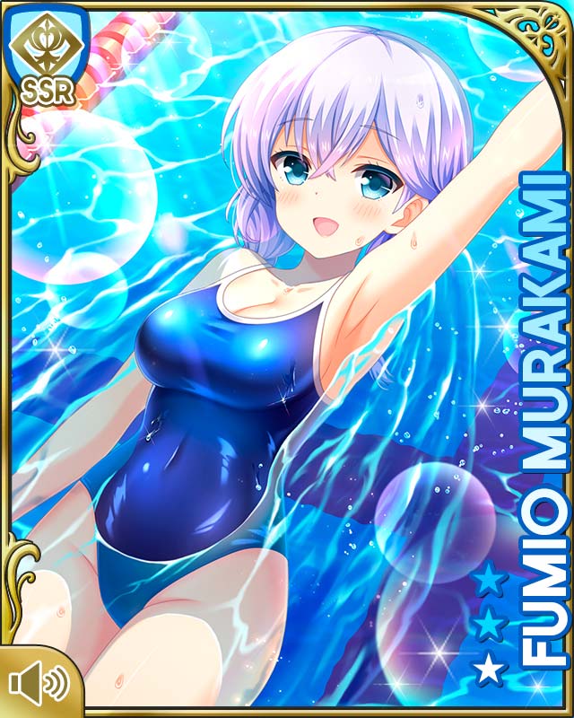 1girl :d armpits backstroke blue_eyes blue_hair blue_one-piece_swimsuit braid chain-link_fence character_name day fence girlfriend_(kari) hair_ornament hairclip long_hair murakami_fumio official_art one-piece_swimsuit open_mouth outdoors qp:flapper school_swimsuit smile solo swimming swimsuit tagme tile_floor tiles twin_braids twintails wet