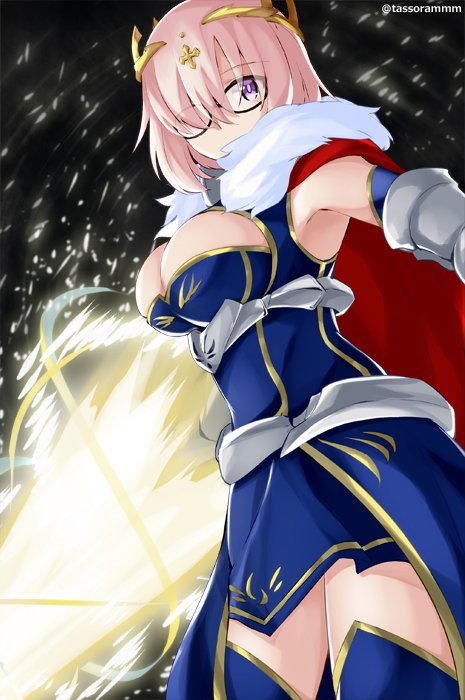 1girl artoria_pendragon_(fate) artoria_pendragon_(lancer)_(fate) artoria_pendragon_(lancer)_(fate)_(cosplay) black-framed_eyewear blue_dress blue_sleeves blue_thighhighs breasts cape commentary_request cosplay covered_mouth cross detached_sleeves dress fate/grand_order fate_(series) female_focus fur_collar gauntlets glasses glowing hair_over_one_eye headpiece large_breasts looking_at_viewer mash_kyrielight pink_hair purple_eyes red_cape rhongomyniad_(fate) sleeveless sleeveless_dress solo tasora thighhighs twitter_username