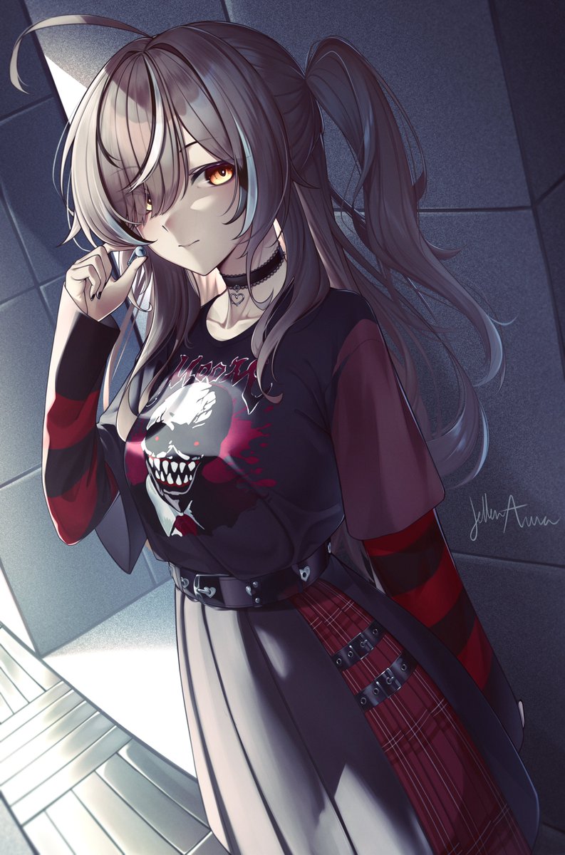 1girl ahoge belt black_choker black_nails black_shirt black_skirt brown_eyes brown_hair choker cowboy_shot emo_fashion hair_over_one_eye hand_up heart heart_choker highres hololive hololive_english huge_ahoge jellen_aura lace-trimmed_choker lace_trim long_hair looking_at_viewer multicolored_hair nanashi_mumei nanashi_mumei_(emo) nightmare_(nanashi_mumei) official_alternate_costume one_side_up plaid pleated_skirt shirt shirt_tucked_in skirt streaked_hair striped_clothes striped_sweater sweater sweater_under_shirt t-shirt tile_floor tiles torn_clothes torn_sweater two-tone_sweater very_long_hair virtual_youtuber wavy_hair