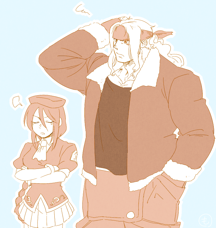 1boy 1girl alex_(street_fighter) alternate_costume beret closed_eyes crossed_arms crossover facing_viewer fur-trimmed_jacket fur-trimmed_sleeves fur_trim hand_in_pocket hand_on_own_head hat headband height_difference jacket long_hair looking_to_the_side m.u.g.e.n melty_blood mo_(wkmdw) overalls partially_colored shirt sion_eltnam_(type-moon) sion_eltnam_atlasia squiggle street_fighter tsukihime