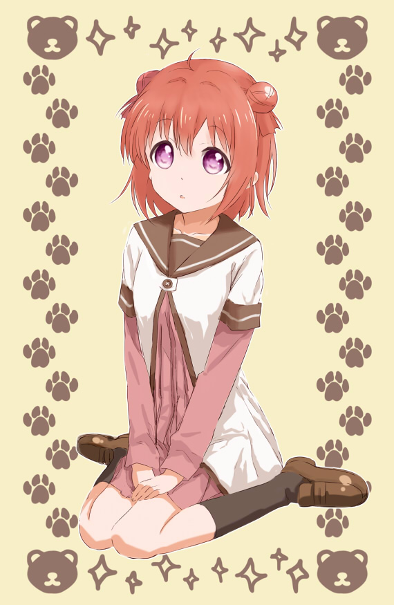 1girl ahoge akaza_akari bad_id bad_pixiv_id black_socks collarbone female_focus hair_intakes looking_at_viewer parted_lips paw_print purple_eyes red_hair school_uniform serafuku shikou_sakugo_(qqap9gt9k) shikousakugo shoes simple_background sitting socks solo v_arms wariza yuruyuri