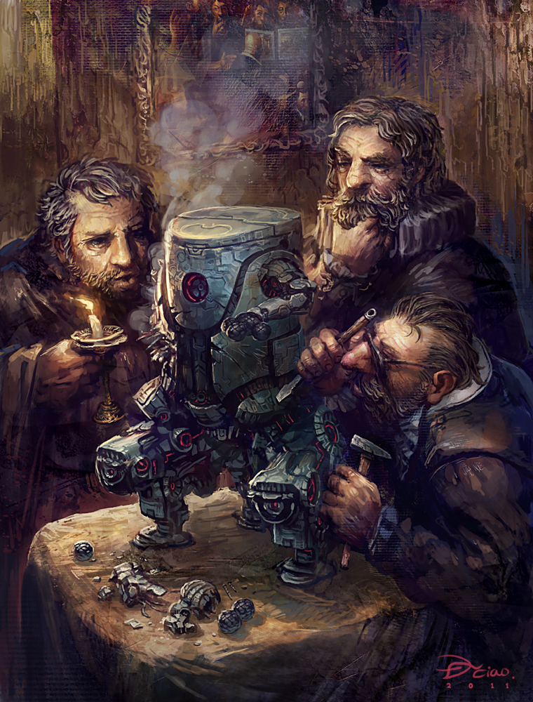 3boys beard candle chisel dannoura_yuuki facial_hair glasses hammer male_focus multiple_boys mustache robot screw signature
