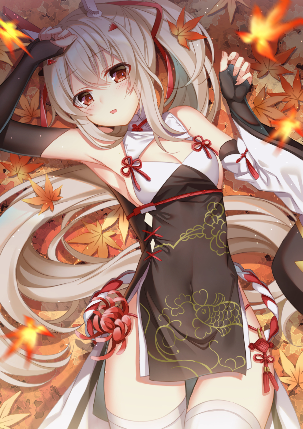 1girl armpits autumn_leaves ayanami_(azur_lane) ayanami_(lunar_demon)_(azur_lane) ayanami_(lunar_demon)_(azur_lane) azur_lane black_gloves blurry breasts cleavage commentary_request depth_of_field elbow_gloves eyes_visible_through_hair fingerless_gloves flower gloves headgear highres hydrangea leaf long_hair looking_at_viewer lying maple_leaf medium_breasts official_alternate_costume orange_eyes parted_lips ponytail retrofit_(azur_lane) sidelocks silver_hair solo sugisaki_yuu thighhighs white_thighhighs