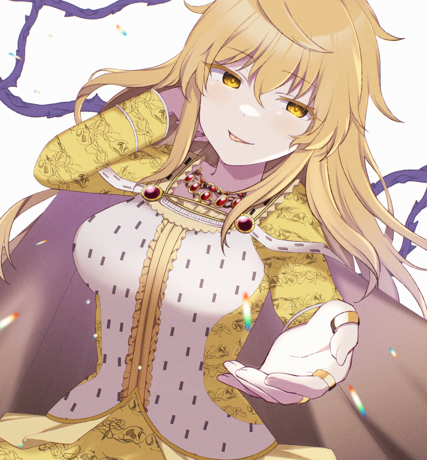 1girl adjusting_hair ahoge blonde_hair breasts cape colored_eyelashes commission cowlick dress fujishiro_emyu gem highres isabeau_de_baviere_(madoka_magica) jewelry large_breasts licking_lips long_dress long_hair long_sleeves magia_record:_mahou_shoujo_madoka_magica_gaiden mahou_shoujo_madoka_magica mahou_shoujo_tart_magica messy_hair necklace plant queen reaching reaching_towards_viewer ring ringed_eyes royal_robe skeb_commission smile solo tongue tongue_out vines wavy_hair white_background yellow_dress yellow_eyes