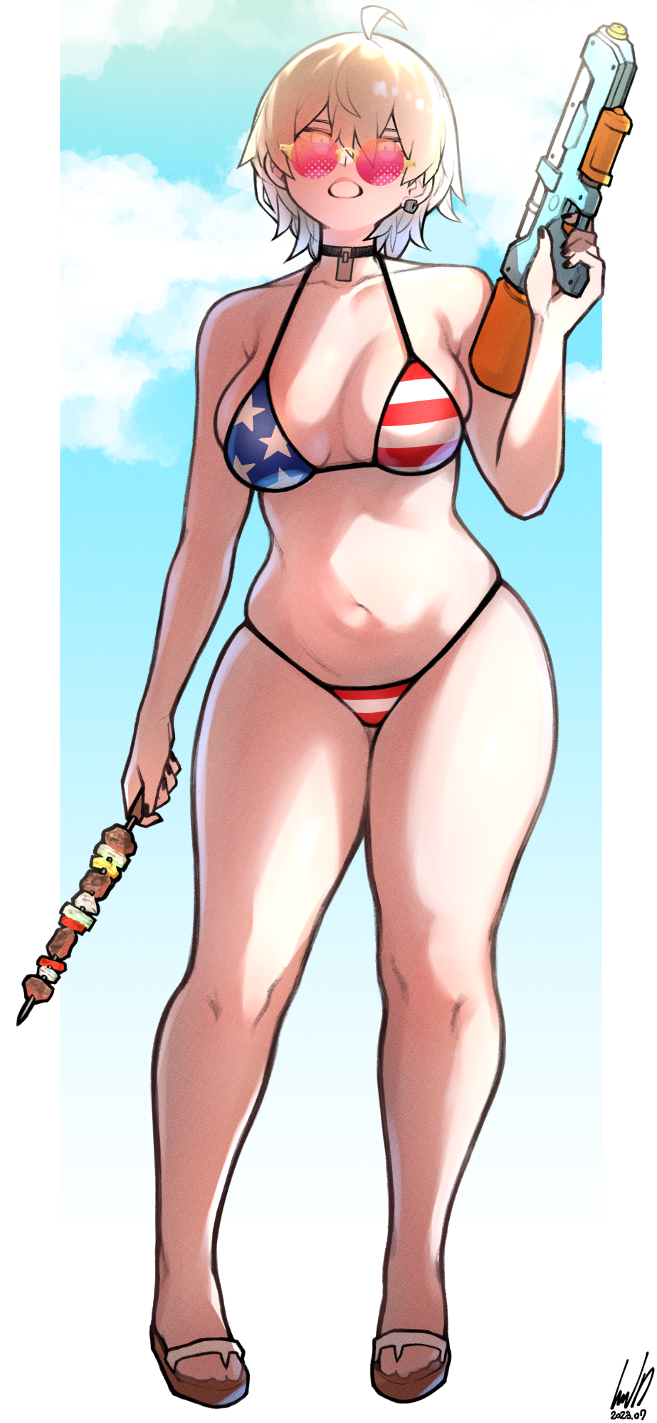 1girl american_flag_bikini american_flag_print bikini blonde_hair breasts choker chris_(ginseng) cleavage earrings flag_print full_body ginseng_(xin) highres holding holding_skewer holding_water_gun jewelry large_breasts looking_at_viewer medium_breasts navel open_mouth original print_bikini sandals short_hair skewer solo sunglasses swimsuit water_gun yakiniku