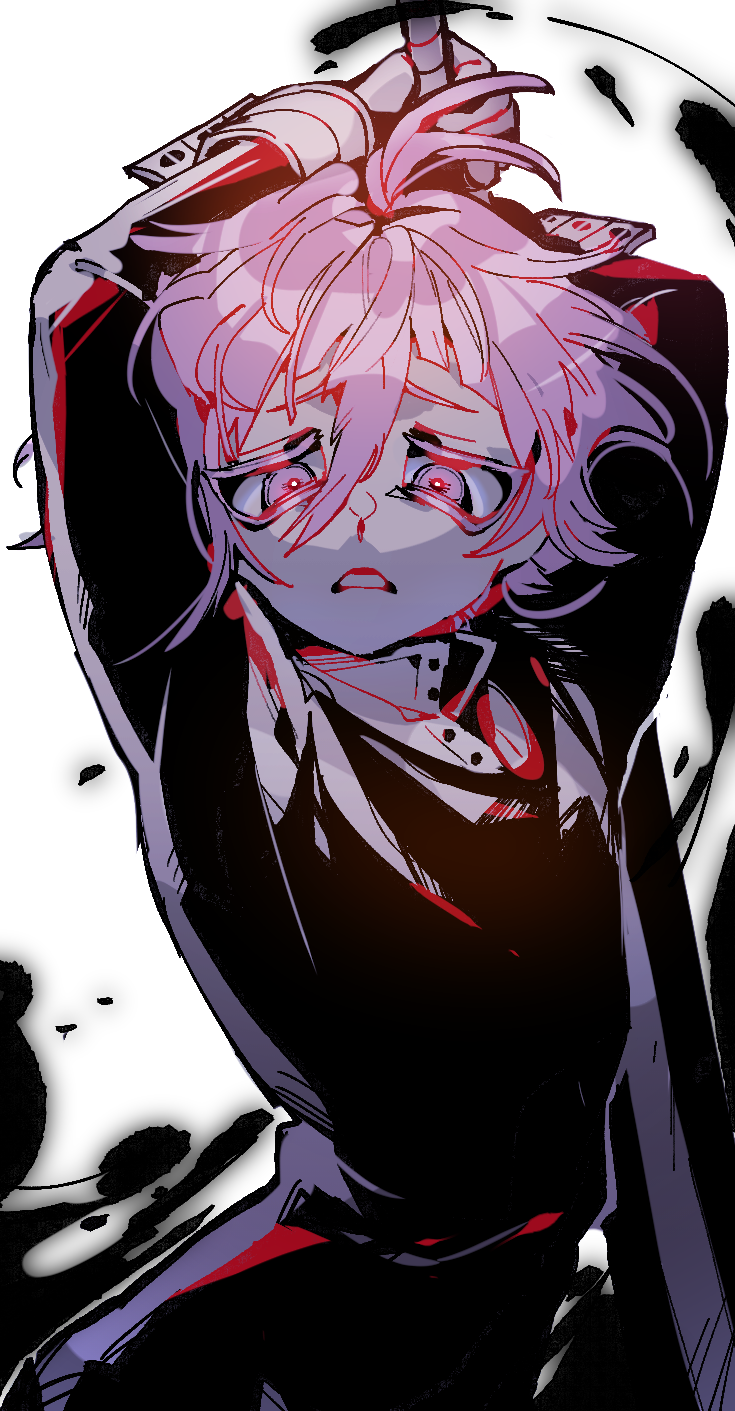 1other arms_up black_blood black_robe blood collar crona_(soul_eater) frown grey_eyes highres medium_hair pink_hair pyungsyu ragnarok_(demon_sword) robe simple_background soul_eater squinting sword teeth variant_set weapon white_background white_collar white_sleeve_cuffs