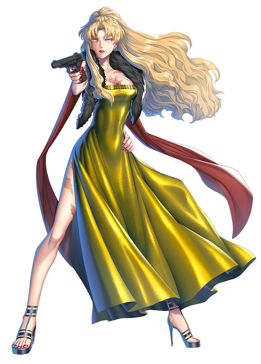 1girl aiming balalaika_(black_lagoon) black_lagoon blonde_hair blue_eyes breasts burn_scar cleavage dress evening_gown feather_boa full_body gun hand_on_own_hip handgun high_heels highres hiroe_rei holding holding_gun holding_weapon lipstick makarov_pm makeup nail_polish official_art red_nails scar second-party_source shawl side_slit sidelocks solo strapless strapless_dress taimanin_(series) taimanin_rpgx toenail_polish toenails weapon white_background