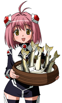 1girl :d antenna_hair ascot bad_source black_ascot black_dress black_thighhighs bowl brown_eyes commentary_request cowboy_shot dress fish_(food) hair_intakes hair_ornament holding holding_bowl legs_apart long_sleeves looking_at_viewer lowres maso_(ascii_art) momo_mizrahi open_mouth pink_hair rice short_dress short_hair simple_background smile solo standing thighhighs white_background xenosaga xenosaga_episode_i zettai_ryouiki