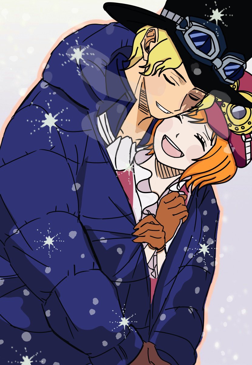 1boy 1girl ^_^ ascot black_hat blue_coat brown_gloves closed_eyes coat dutch_angle gloves goggles goggles_on_headwear hat highres hood hooded_coat julgi_0 koala_(one_piece) one_piece orange_hair sabo_(one_piece) scar scar_on_face smile white_ascot