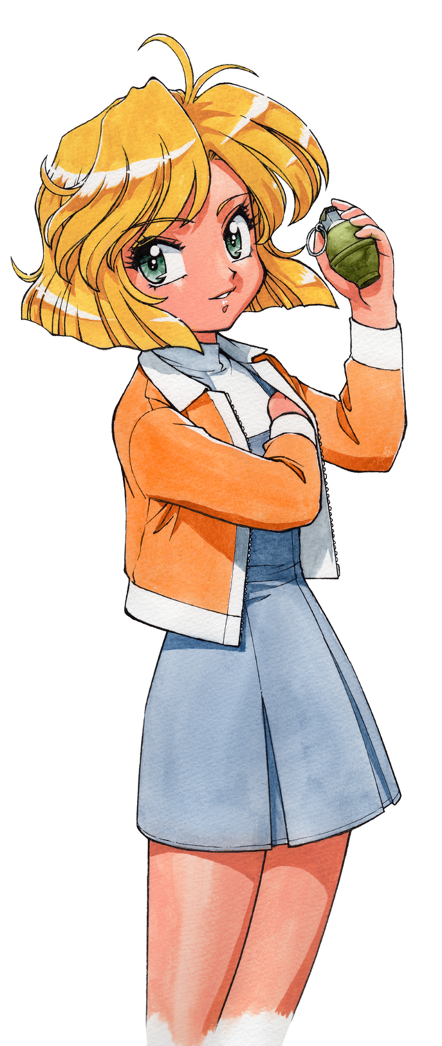1990s_(style) 1girl antenna_hair blonde_hair blouse blue_dress bob_cut dress explosive female_focus green_eyes grenade gunsmith_cats hand_in_jacket highres jacket minnie_may_hopkins open_clothes open_jacket orange_jacket pinafore_dress retro_artstyle shirt sleeveless sleeveless_dress smile solo sonoda_ken&#039;ichi turtleneck white_shirt