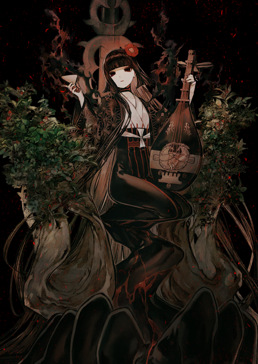 1girl albino_(a1b1n0623) bachi biwa_lute black_background black_eyes black_hair black_hakama blunt_bangs blunt_ends blunt_sidelocks closed_mouth expressionless fate/grand_order fate_(series) flower flower_request full_body game_cg hair_flower hair_ornament hakama hands_up holding holding_instrument holding_plectrum instrument japanese_clothes kimono komahime_(fate) long_hair long_sleeves looking_at_viewer lute_(instrument) midair official_art plectrum red_flower sidelocks solo spoilers third-party_source very_long_hair white_kimono wide_sleeves