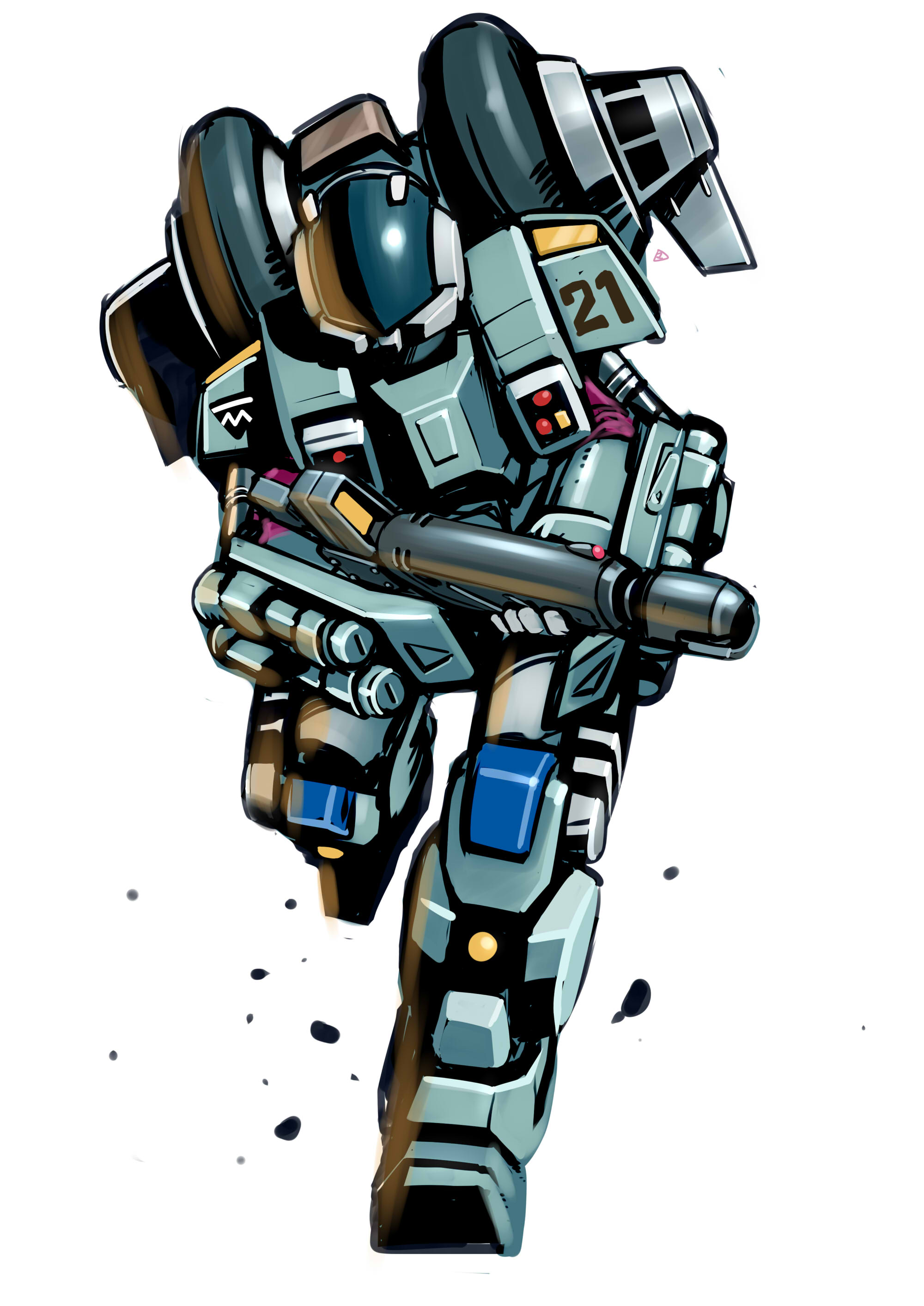 1boy absurdres armor beam_rifle energy_gun energy_weapon gloves helmet highres kikou_souseiki_mospeada mecha mercy_rabbit missile mospeada mospeada_(mecha) power_armor robot rocket_launcher running science_fiction signature stick_bernard weapon