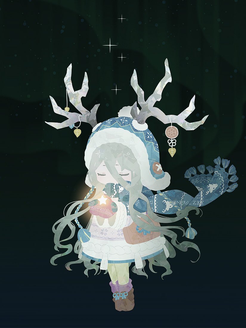 1girl antlers antlers_through_headwear aurora blue_scarf closed_eyes fate/grand_order fate_(series) green_hair green_pantyhose horns long_hair louhi_(fate) louhi_(second_ascension)_(fate) mittens nuu_zzz pantyhose scarf star_(symbol) twitter_username