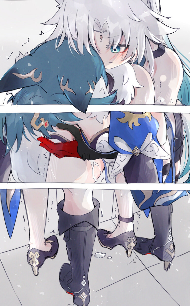 2girls animal_ears breasts feixiao_(honkai:_star_rail) fingering fud green_hair highres honkai:_star_rail honkai_(series) implied_fingering long_hair medium_breasts multiple_girls pussy_juice shorts simple_background sportswear very_long_hair white_background white_hair yukong_(honkai:_star_rail) yuri