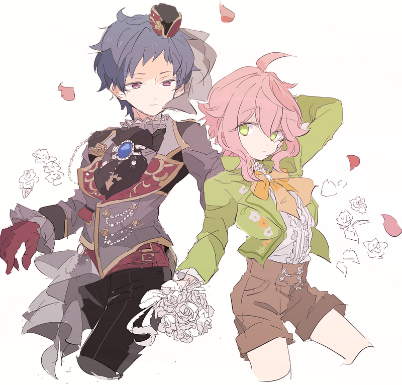 2boys arm_at_side arm_behind_another&#039;s_back arms_behind_head black_pants bouquet brown_shorts closed_mouth cowboy_shot cropped_legs dot_nose ensemble_stars! falling_petals flower fushimi_yuzuru gloves green_jacket high-waist_shorts himemiya_tori holding holding_bouquet jacket looking_at_another male_focus multiple_boys oihool open_clothes open_jacket pale_color pants petals pink_petals red_gloves rose shirt_tucked_in shorts side-by-side simple_background sketch white_background white_flower white_rose
