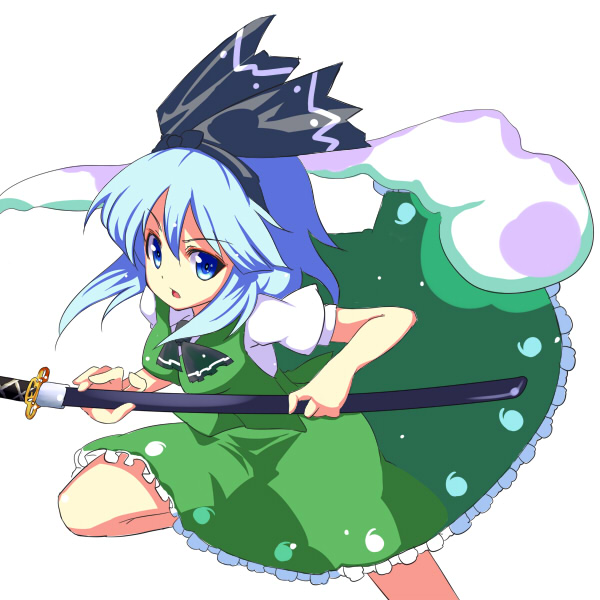 1girl blue_eyes female_focus hairband hitodama katana konpaku_youmu konpaku_youmu_(ghost) nickq ribbon sheath sheathed short_hair silver_hair solo sword touhou weapon