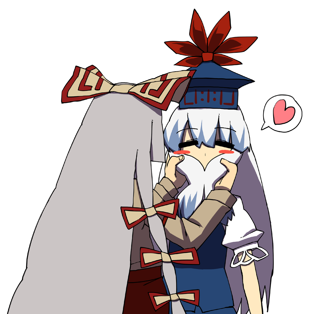 2girls =_= bad_id bad_pixiv_id beard blush_stickers bunching_hair facial_hair female_focus fujiwara_no_mokou hat headband heart kamishirasawa_keine multiple_girls silver_hair spoken_heart touhou yaza