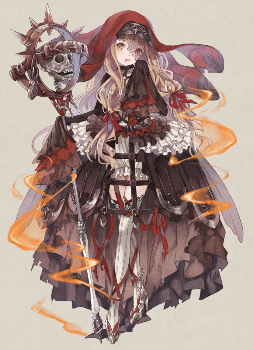 1girl blonde_hair bloomers female_focus full_body hood hood_up looking_at_viewer oro_ponzu red_riding_hood_(sinoalice) see-through_clothes simple_background sinoalice skull solo standing thighhighs underwear white_bloomers white_thighhighs yellow_eyes