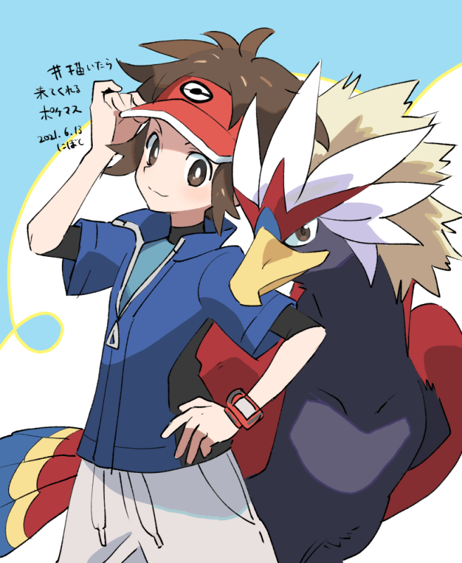 1boy blue_jacket braviary bright_pupils brown_eyes brown_hair closed_mouth commentary_request gen_5_pokemon hand_on_headwear hand_on_own_hip jacket male_focus nate_(pokemon) nibo_(att_130) nintendo pokemon pokemon_(creature) pokemon_bw2 pokemon_masters_ex red_headwear short_sleeves smile translation_request visor_cap white_pupils zipper_pull_tab