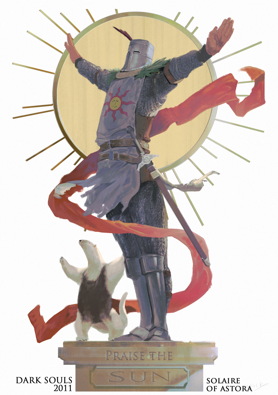 1boy anteater armor belt brown_belt chainmail character_name commentary covered_face dark_souls_(series) dark_souls_i english_text greaves helmet highres long_sleeves male_focus armored_boots miso_katsu multiple_belts outstretched_arms plume praise_the_sun scabbard sheath sheathed solaire_of_astora solo spread_arms standing sword symbol-only_commentary tabard weapon