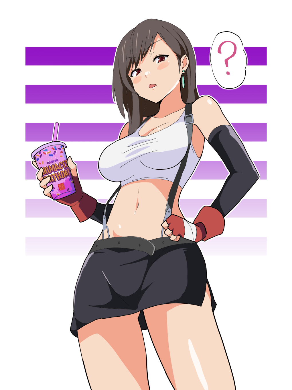 1girl ? black_hair black_skirt breasts cowboy_shot cup curious disposable_cup drinking_straw earrings elbow_gloves english_text final_fantasy final_fantasy_vii fingerless_gloves gloves grimace_shake_(meme) half-closed_eyes highres holding holding_cup jewelry layered_gloves long_hair looking_at_viewer low-tied_long_hair medium_breasts meme microskirt midriff navel noyama_takenoko open_mouth red_eyes skirt solo spoken_question_mark standing suspender_skirt suspenders tank_top tifa_lockhart white_tank_top