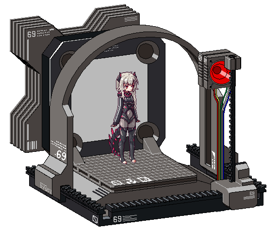1girl fukouna_shoujo_03 full_body grey_thighhighs hair_ornament hairclip indie_virtual_youtuber long_hair machine mechanical_tail pixel_art red_eyes saruei saruei_(vtuber) silver_hair simple_background solo standing tail thighhighs traced virtual_youtuber white_background