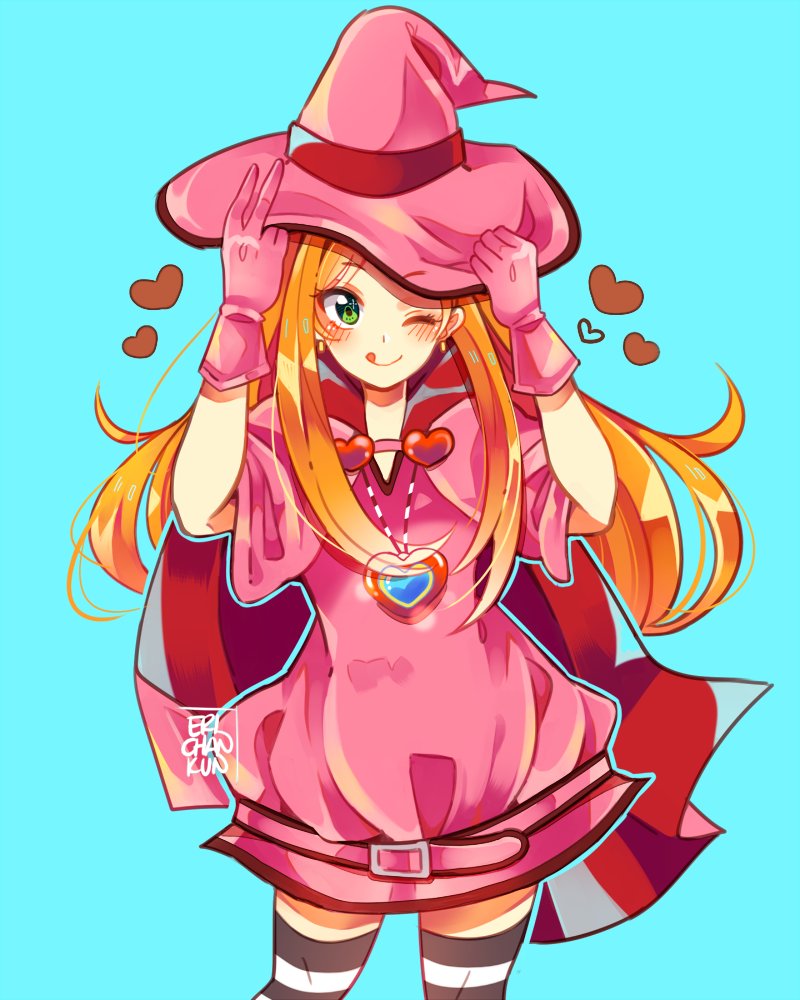1girl belt blue_background blush cape chocolat_meilleure coll_(erichankun) commentary_request cowboy_shot dress gloves green_eyes hand_on_headwear hat heart heart_pendant long_hair looking_to_the_side magical_girl one_eye_closed orange_hair pink_belt pink_dress pink_gloves pink_hat simple_background solo striped_clothes striped_thighhighs sugar_sugar_rune thighhighs