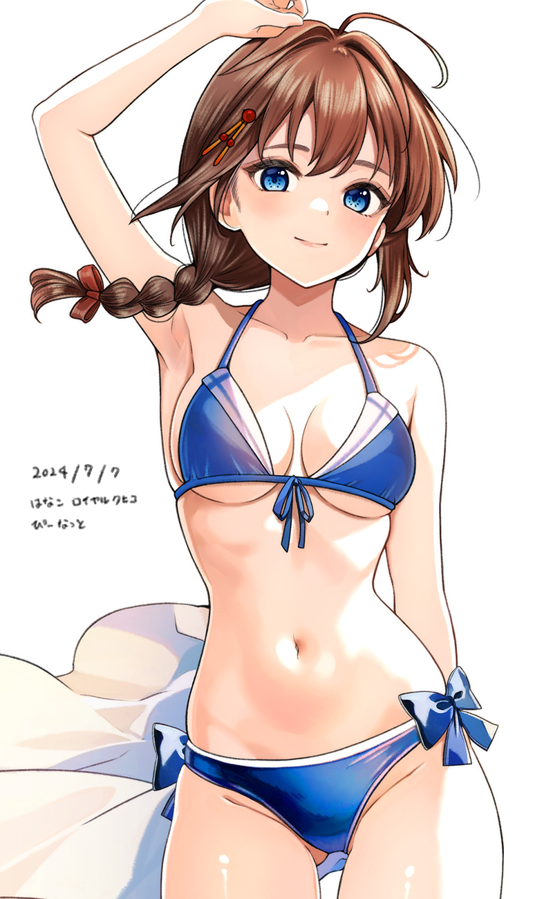 1girl bikini blue_bikini blue_eyes braid breasts brown_hair commentary_request cowboy_shot front-tie_bikini_top front-tie_top hair_flaps hair_over_shoulder hanako_(peanut) highres kantai_collection long_hair looking_at_viewer medium_breasts navel revision shigure_(kancolle) shigure_kai_san_(kancolle) shigure_kai_san_(swimsuit)_(kancolle) side-tie_bikini_bottom single_braid smile solo swimsuit underboob unworn_shirt