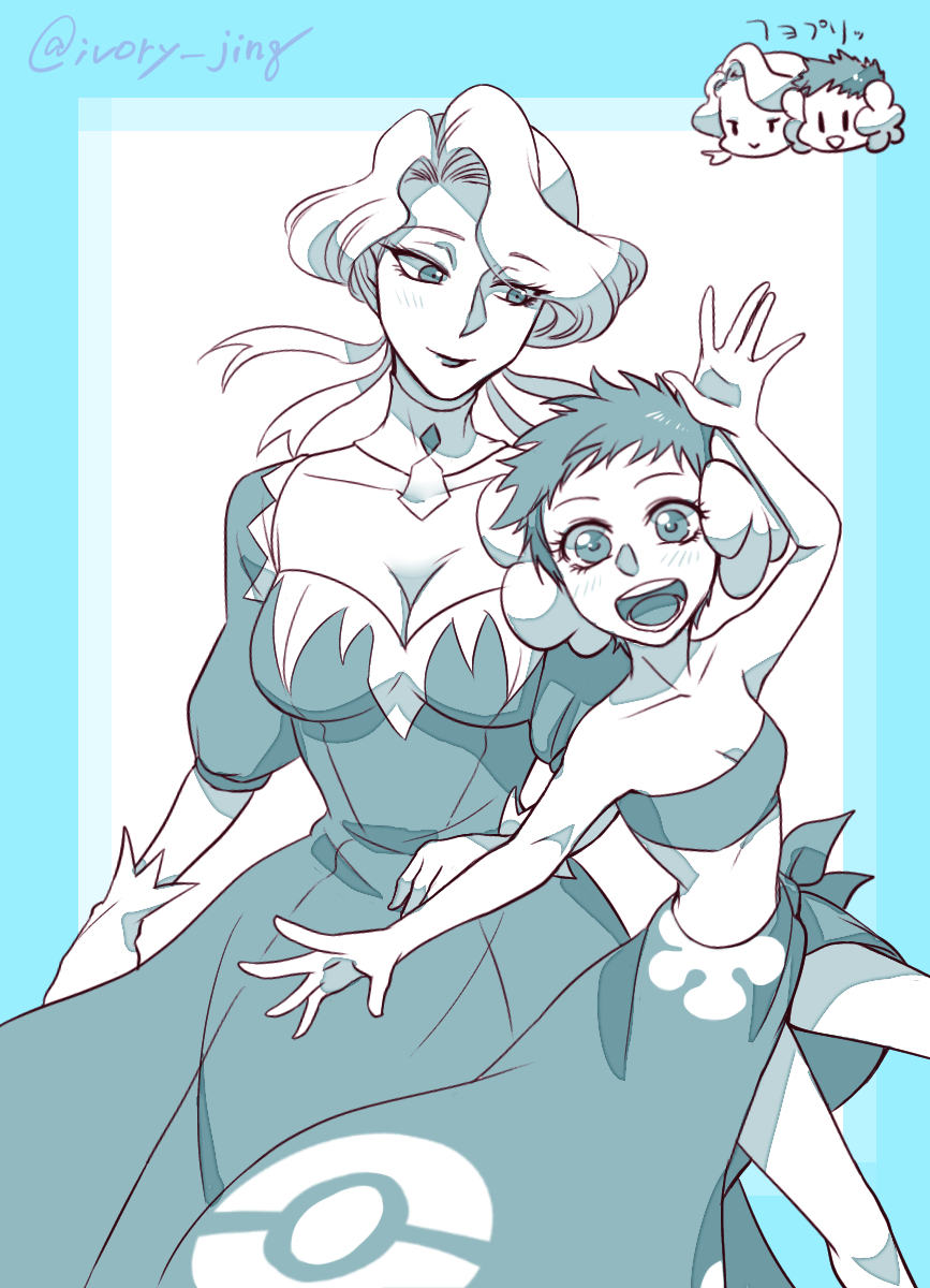 2girls bandeau braid breasts choker cleavage dress flower glacia_(pokemon) gloves hair_flower hair_ornament highres ivory_(25680nico) large_breasts multiple_girls nintendo partially_colored phoebe_(pokemon) pokemon pokemon_oras sarong short_hair sketch tagme three-quarter_sleeves twitter_username white_gloves yuri